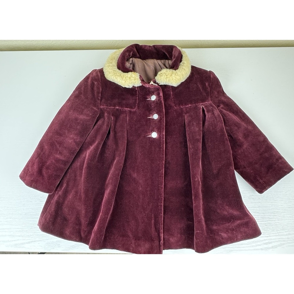Vintage 1950s Toddler Velvet Coat Burgundy Faux Fur Collar Trapeze Girls Buttons